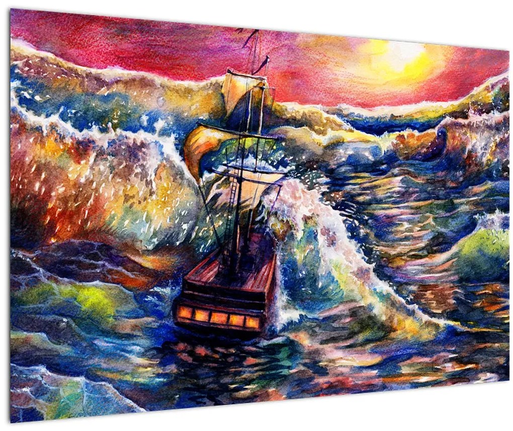 Tablou - Navă pe valurile oceanului, aquarelă (90x60 cm)