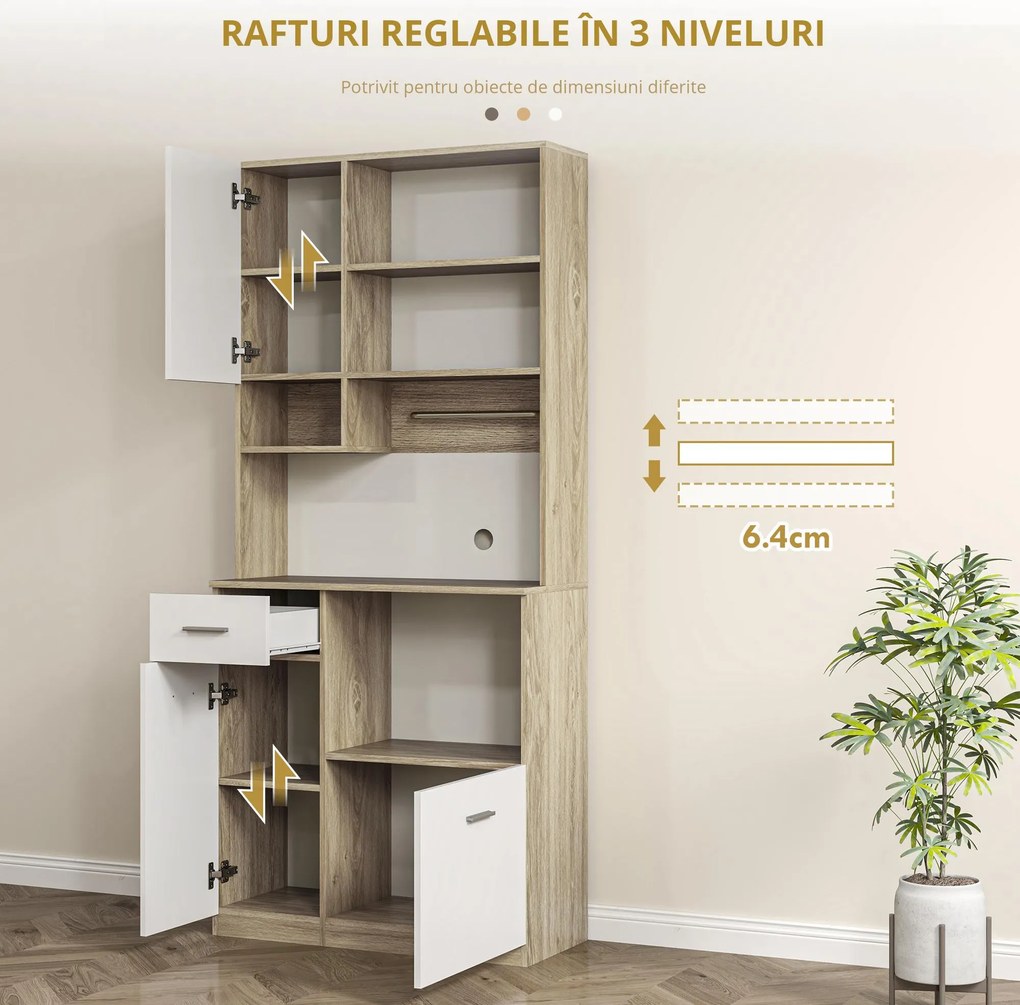 HOMCOM Bufet Înalt de Bucătărie cu Sertar, 3 Dulapuri și 4 Compartimente Deschise, 80x35x180 cm, Alb | Aosom Romania