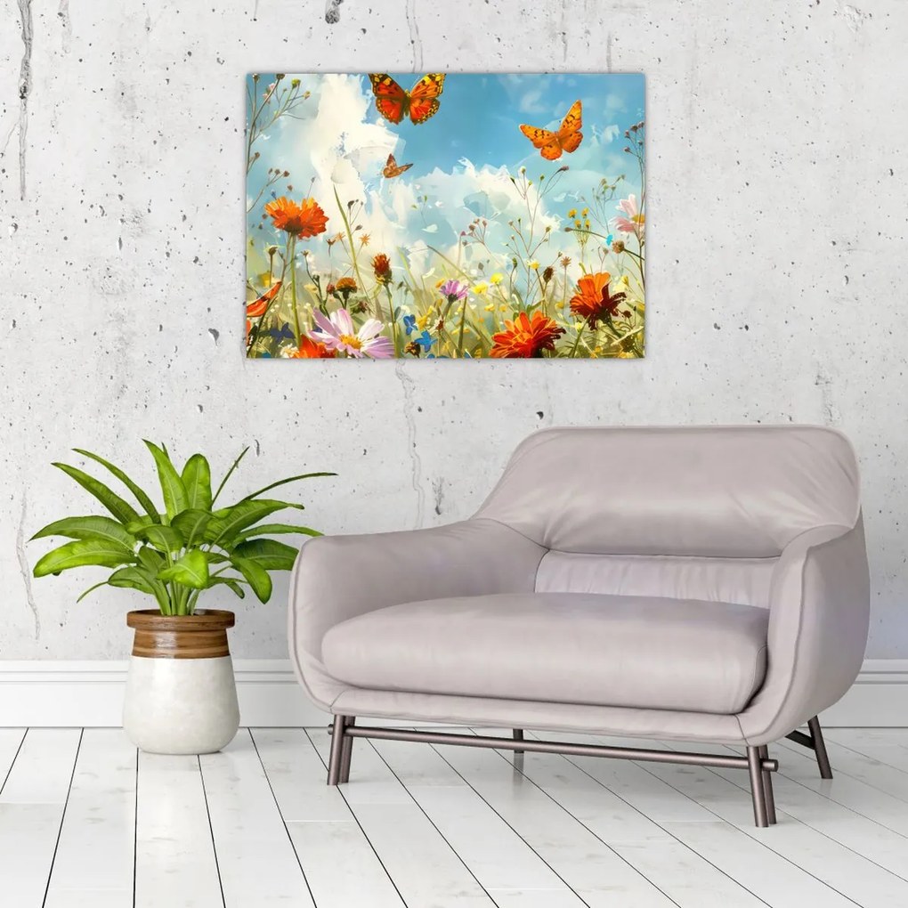 Tablou pe sticlă - Fluturi pe pajiștea de vară (70x50 cm)