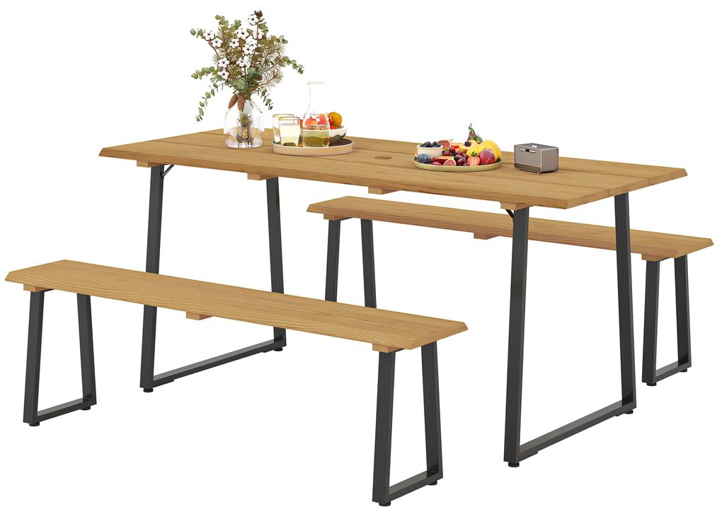 Outsunny Grup de mobilier din 3 piese din lemn pentru 6 persoane Masă de bucătărie cu 2 bănci Orificiu pentru umbrelă Masă din lemn 178 x 76 x 77 cm Lemn natural | Aosom Romania