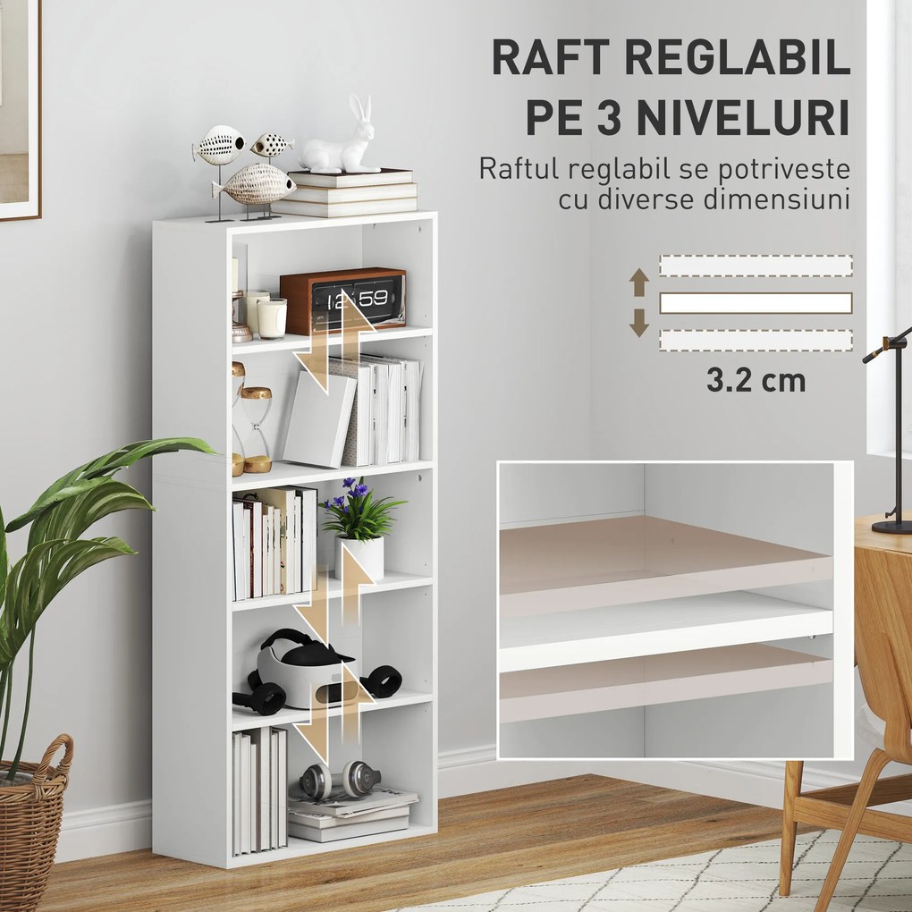 HOMCOM Bibliotecă cu 5 Niveluri și Rafturi Ajustabile, 60x24x133,5 cm, Alb | Aosom Romania