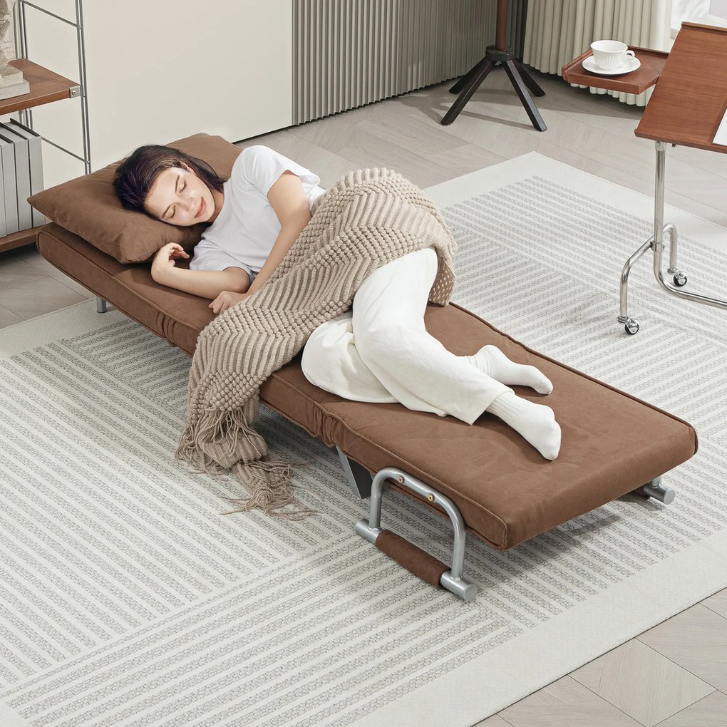 HOMCOM Fotoliu Pat Individual 2 în 1 Canapea Pat Pliabil cu Spătar Reglabil și Pernă pentru Living Dormitor 65x69x80 cm Maro | Aosom Romania