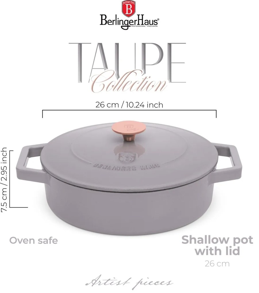 Cratiță din fontă emailata cu capac 26 cm, 2.57 L Berlinger Haus Taupe Collection BH 6527, pentru gătit lent, compatibilă cuptor/plite