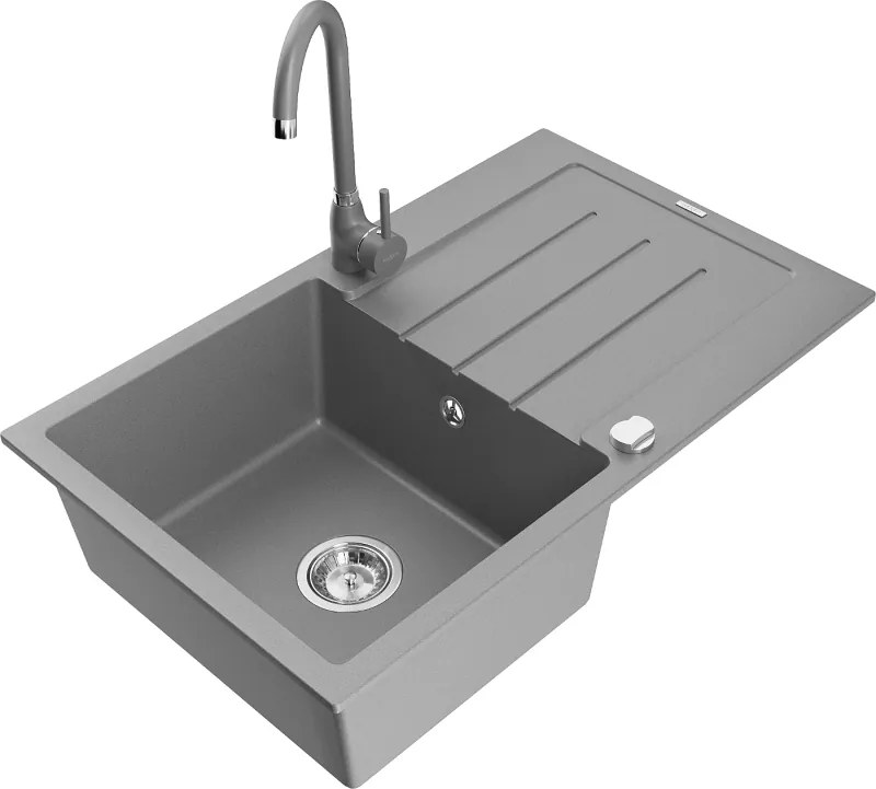 Mexen Bruno chiuvetă de bucătărie din granit cu 1 cuvă cu suport și baterie de bucătărie Telma, gri - 6513-71-670200-71