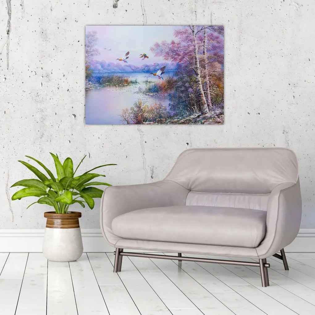 Tablou pe sticlă - Sosirea toamnei, pictură în ulei (70x50 cm)