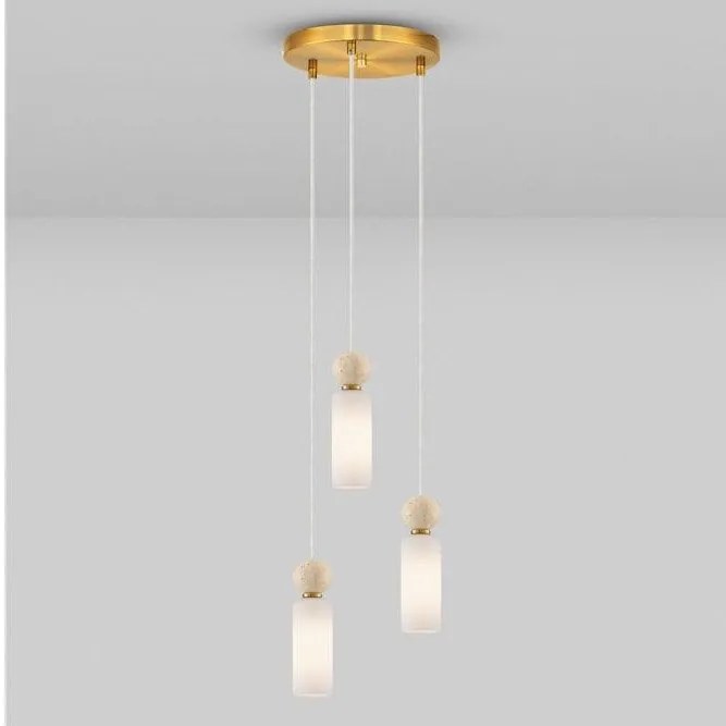 Lustra cu 3 pendule, Metal, Auriu, Travertin, Sticla, FILOMENA