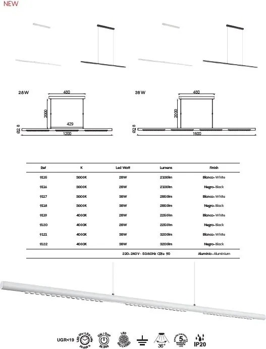 Lustra LED suspendata liniara MECA 38W alb 4000K