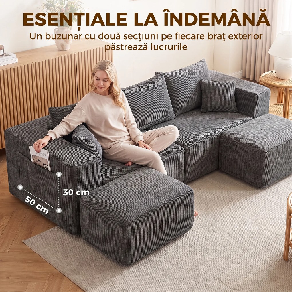 HOMCOM Canapea modulară în U, 3 locuri, fără cadru, cu 2 taburete, șezut și cotiere late, din chenille, gri închis | Aosom Romania