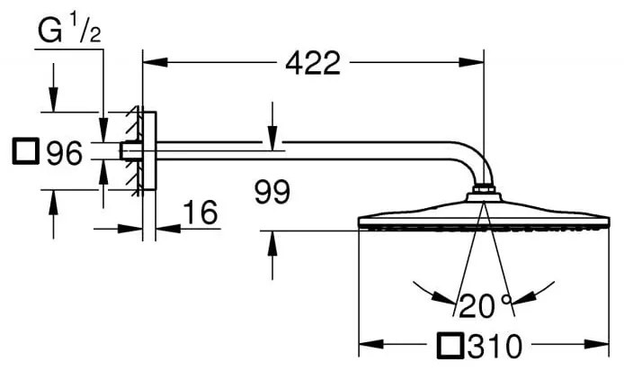 Dus fix Grohe Rainshower Mono, 1/2'', 310 mm, 1 jet, anti-calcar, crom - 26564000