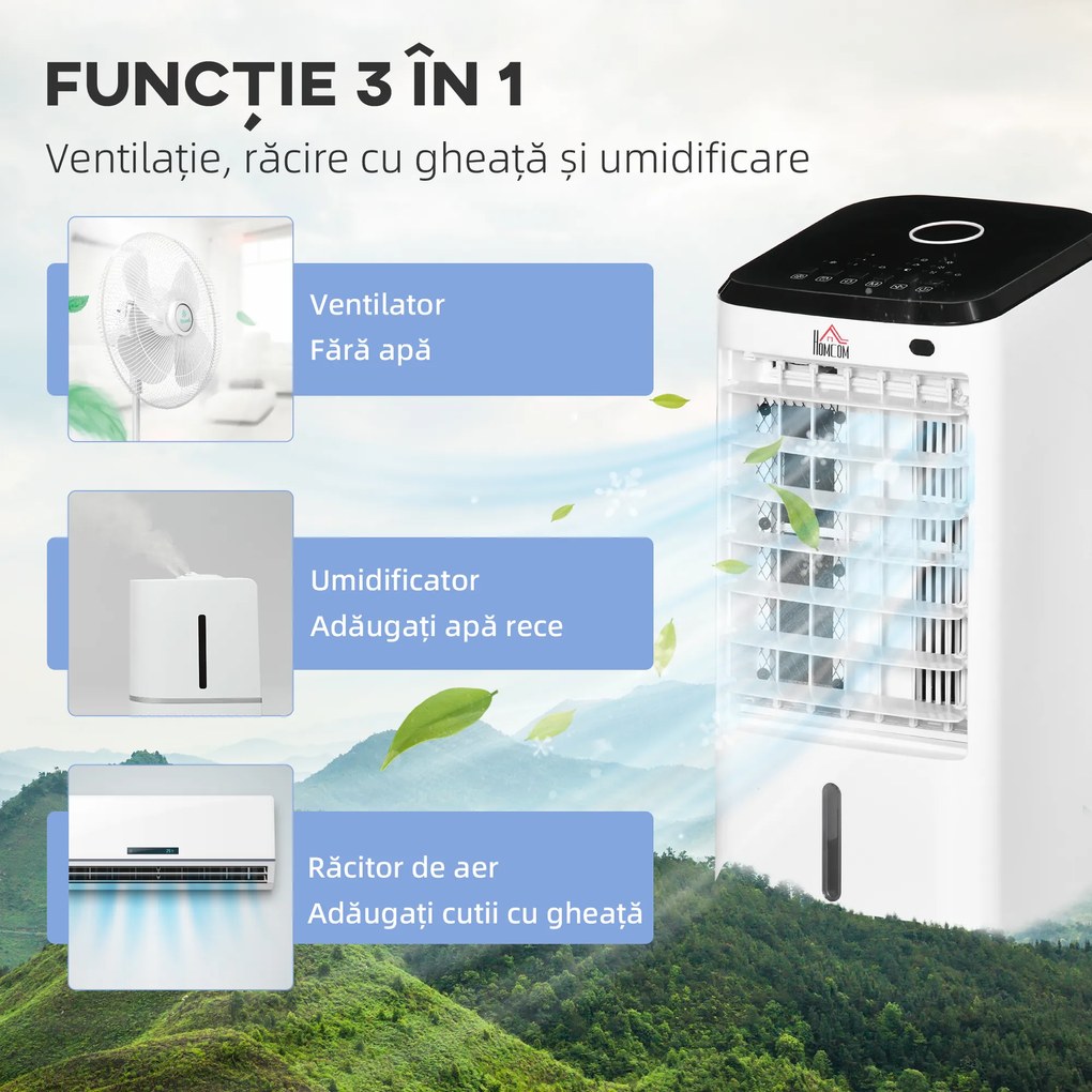 HOMCOM Răcitor Evaporativ 3-în-1, Ventilator, Umidificator cu Gheață și Dezumidificator, 3 Viteze, 3 Moduri și Telecomandă, Timer 12 Ore, 65W din ABS, 24.5x27x60 cm, Alb | Aosom Romania