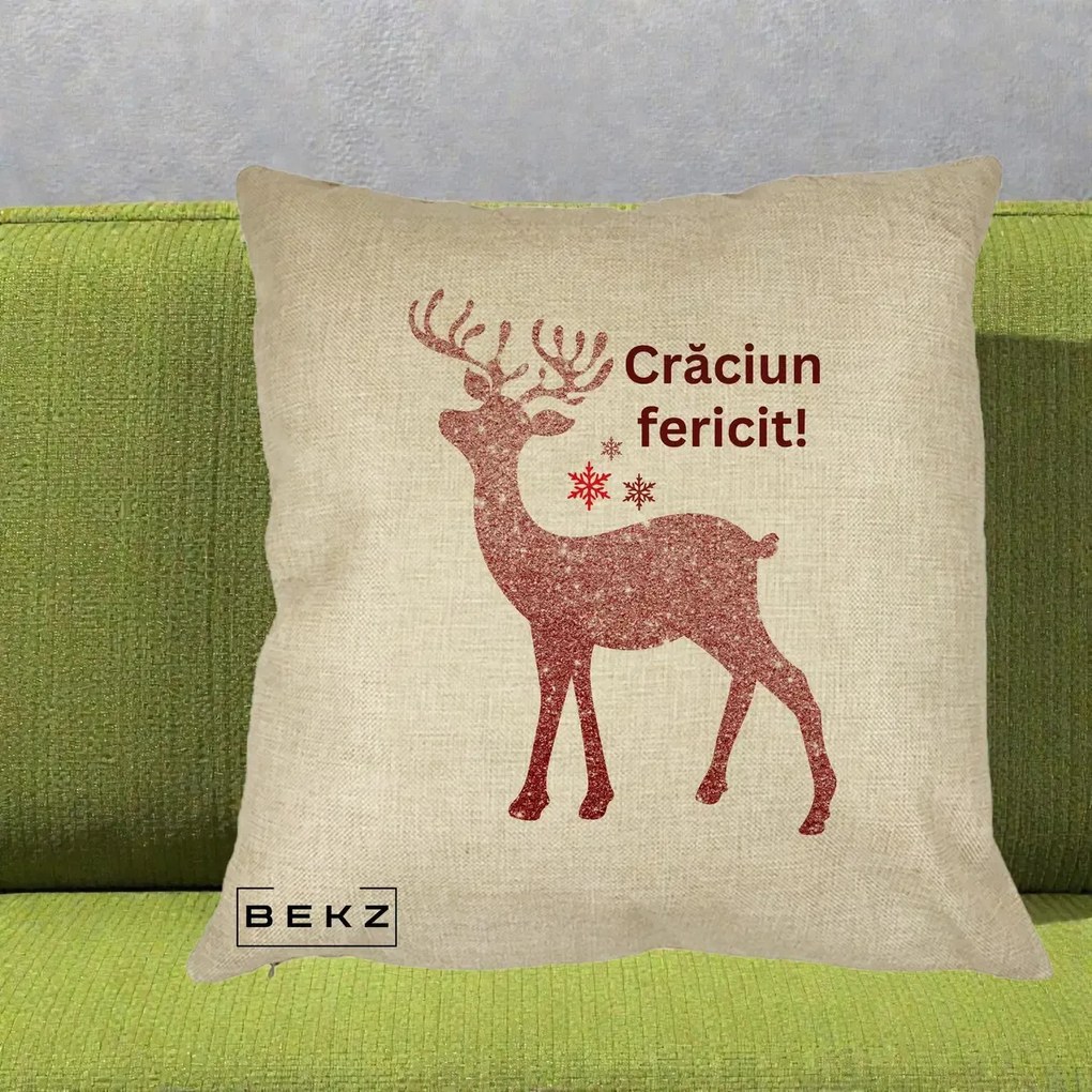 Perna Decorativa Ren Sclipitor Glitter Craciun Fericit, 40x40 cm, Crem, Husa Detasabila, Perna Inclusa, BEKZ®