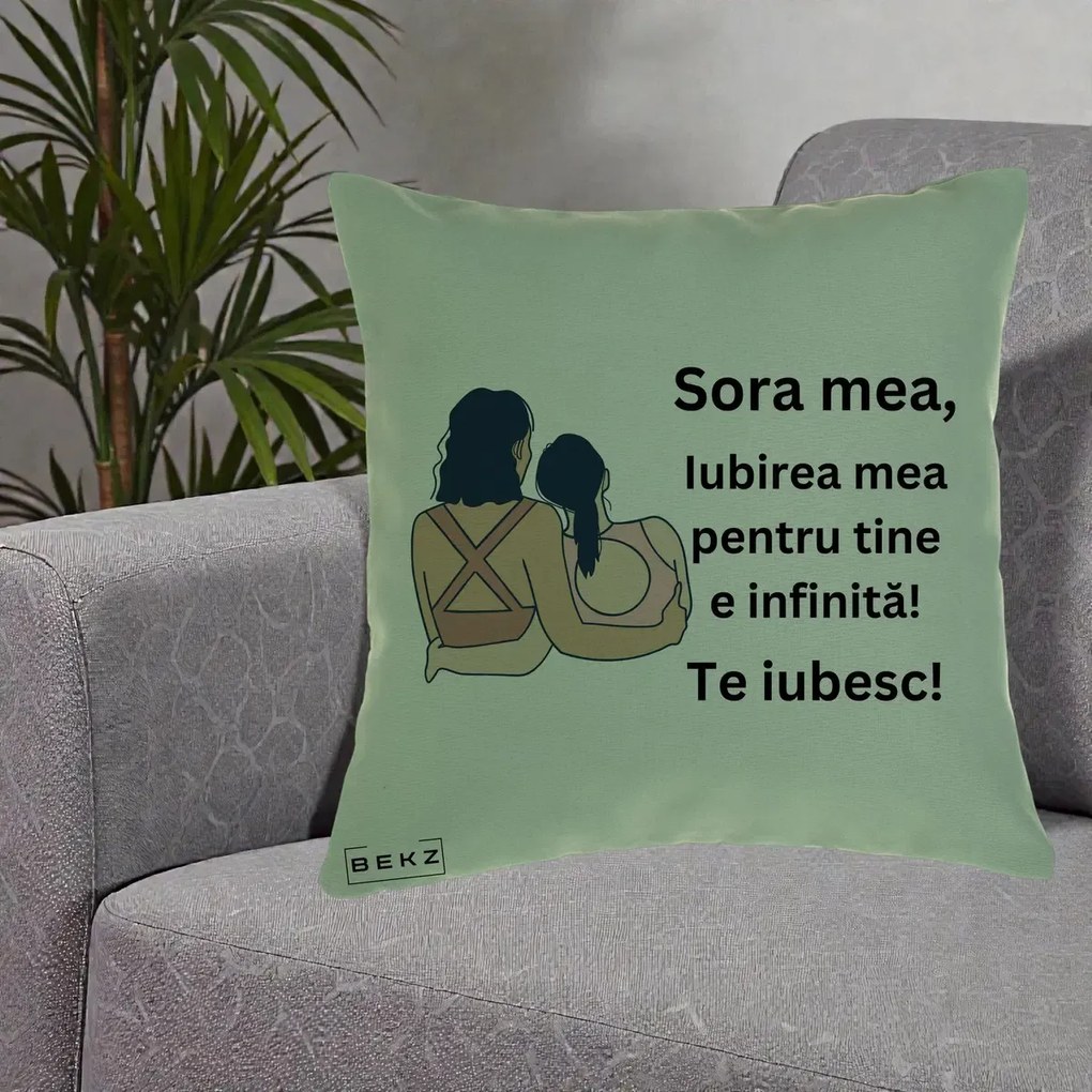 Cadou pentru Sora - Perna Personalizata Sora Mea Te Iubesc Doua Fete Fashioniste Line Art, 40x40 cm, Verde, Husa Detasabila, Perna Inclusa, BEKZ®