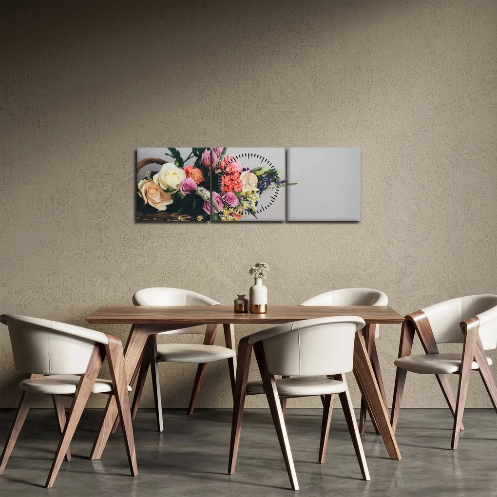Tablou cu coș și flori (cu ceas) (90x30 cm)