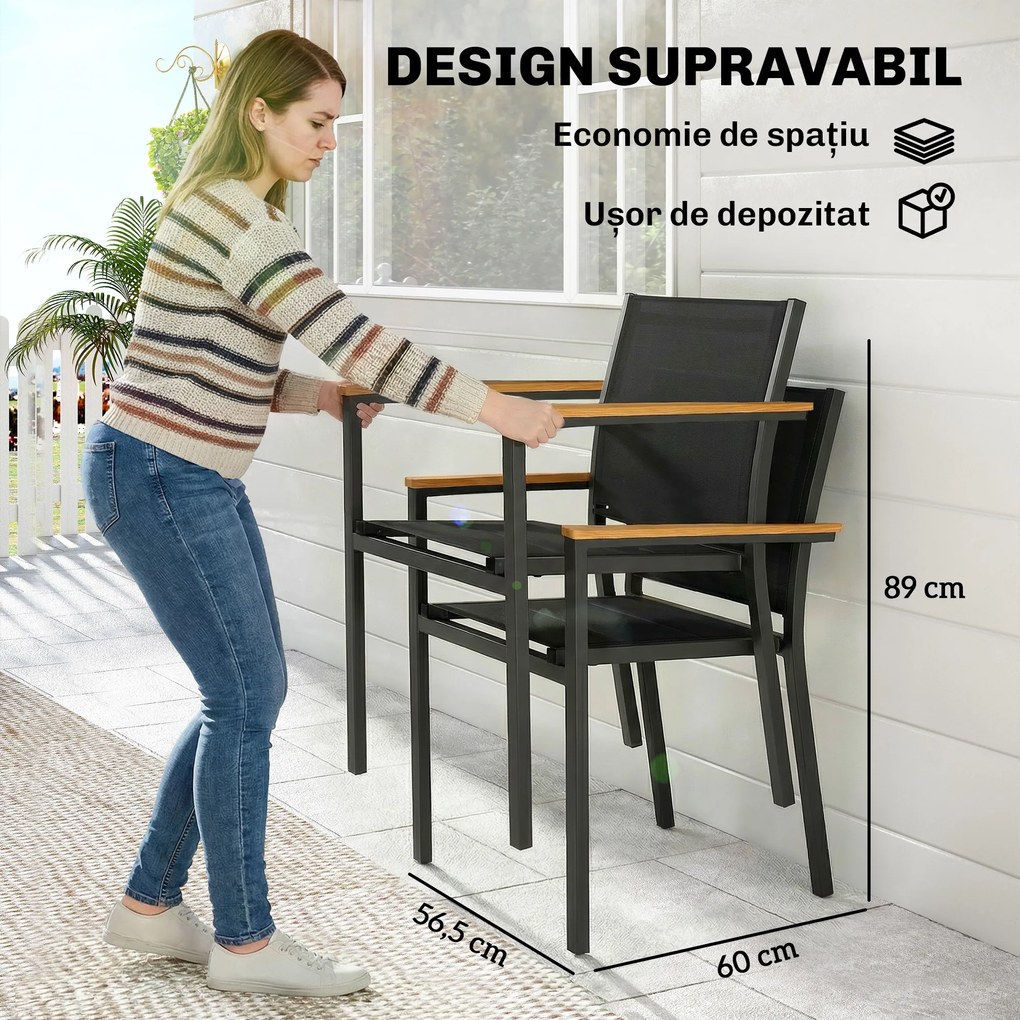 Outsunny Set 2 Scaune Grădină Empilabile cu Șezut și Spătar Capitonați, Gri Închis | Aosom Romania