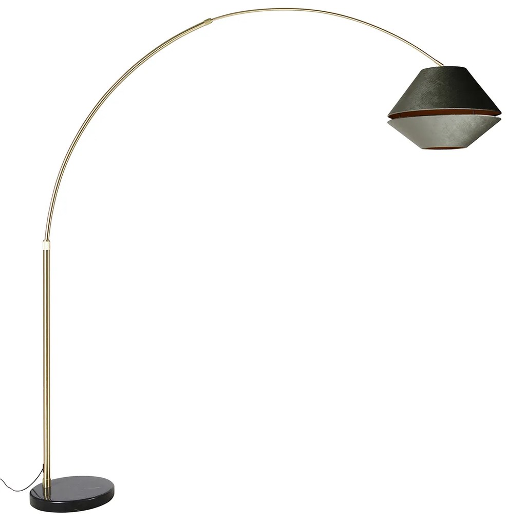 Lampă arcuită din alamă cu abajur dublu din catifea neagră și verde - XXL
