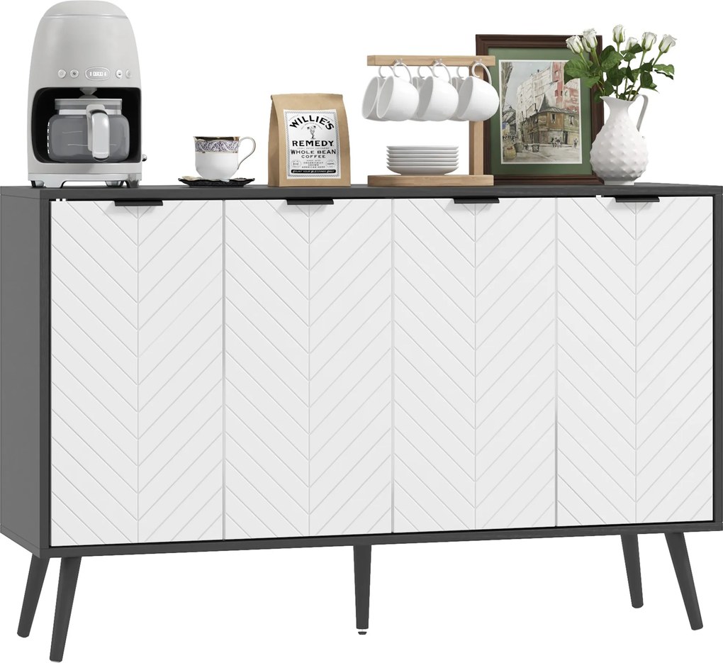 HOMCOM Bufet cu 4 uși Bufet pentru living Rafturi reglabile Picioare din lemn pentru bucătărie Alb și Negru 120x35x77,4 cm | Aosom Romania