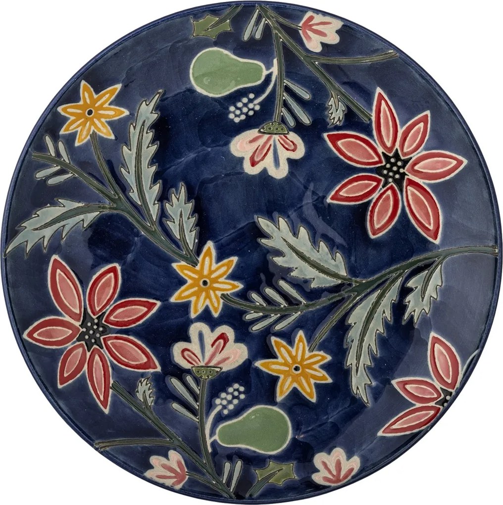 Set 4 farfurii din ceramică albastră cu motive florale dense pictate manual, 20,5×2,5 cm, „Meredith"
