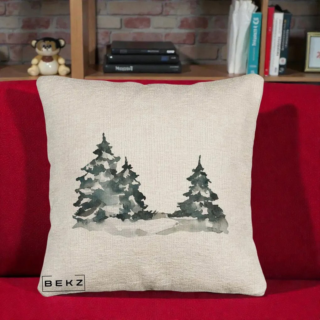 Perna Decorativa Brazi Inzapeziti Acuarela, 40x40 cm, Bej Canapea, Husa Detasabila, Perna Inclusa, BEKZ®