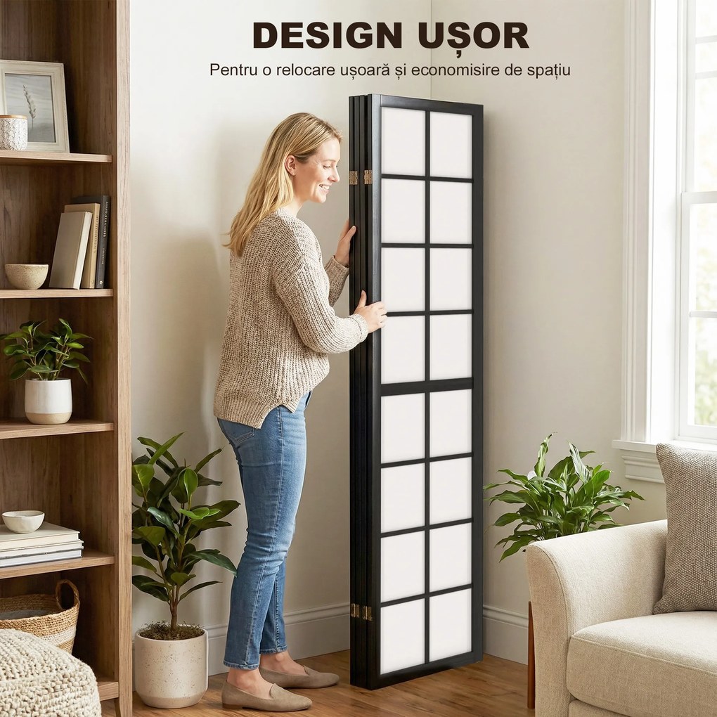 HOMCOM Paravan de Interior Pliabil cu 4 Panouri din Lemn și Material Nețesut, 160x170 cm, Negru și Alb | Aosom Romania