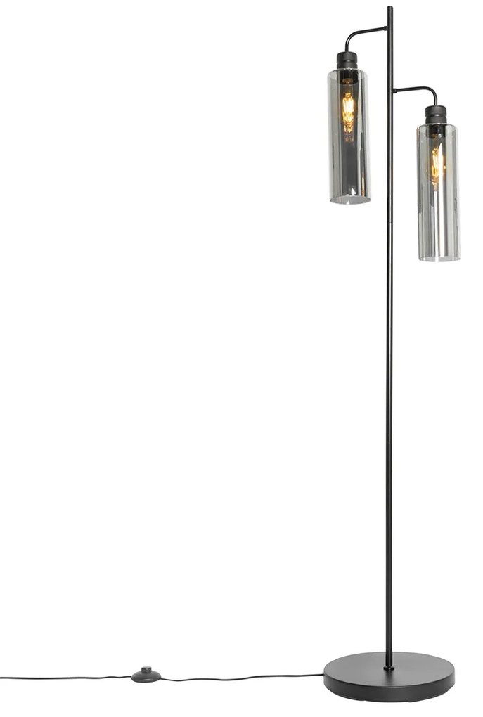 Lampa de podea moderna neagra cu sticla fumurie cu 2 lumini - Stavelot