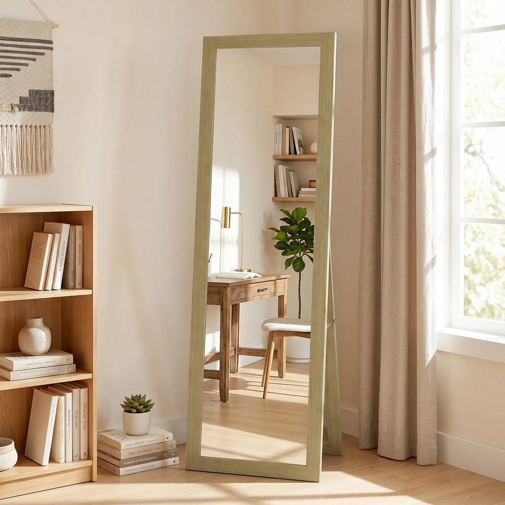 HOMCOM Oglindă cu Ramă din MDF, Picioare și Cârlige pentru Utilizare pe Podea sau pe Perete, 37x40x155 cm, Lemn Natural | Aosom Romania