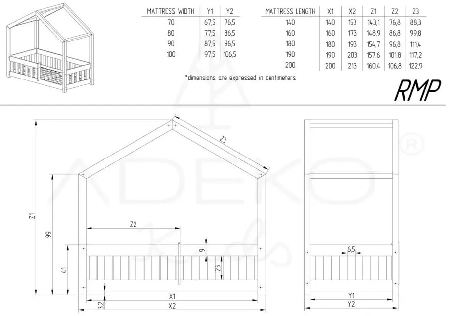 Pat pentru copii natural de tip casă din lemn de pin 80x200 cm Mila RMP – Adeko