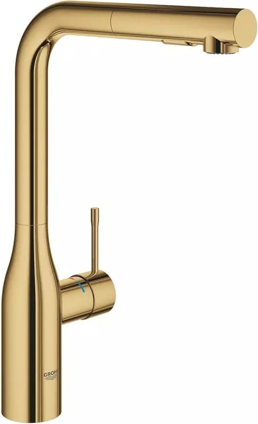 Baterie bucatarie cu dus extractabil Grohe Essence inalta auriu lucios Cool Sunrise