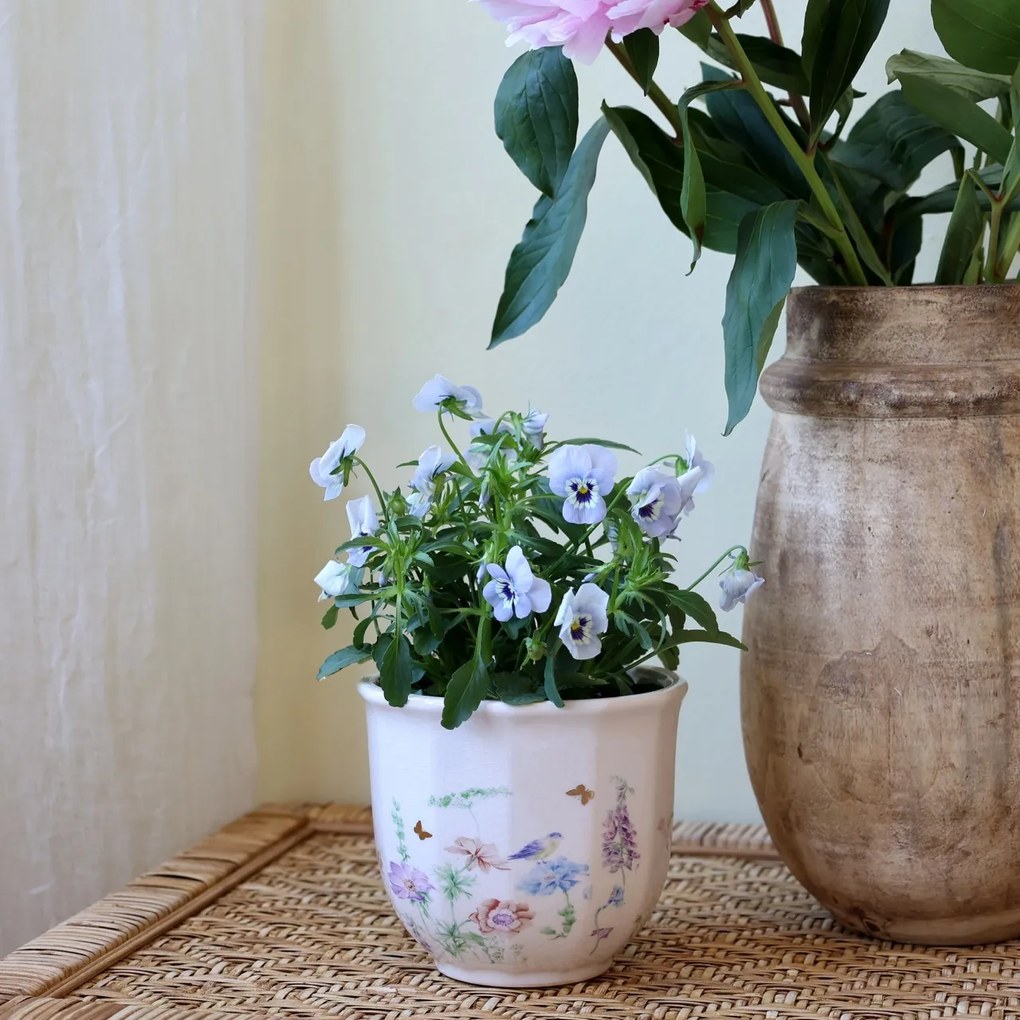 Ghiveci din ceramică crem cu model floral „Papillon”, H10.5/D12 cm