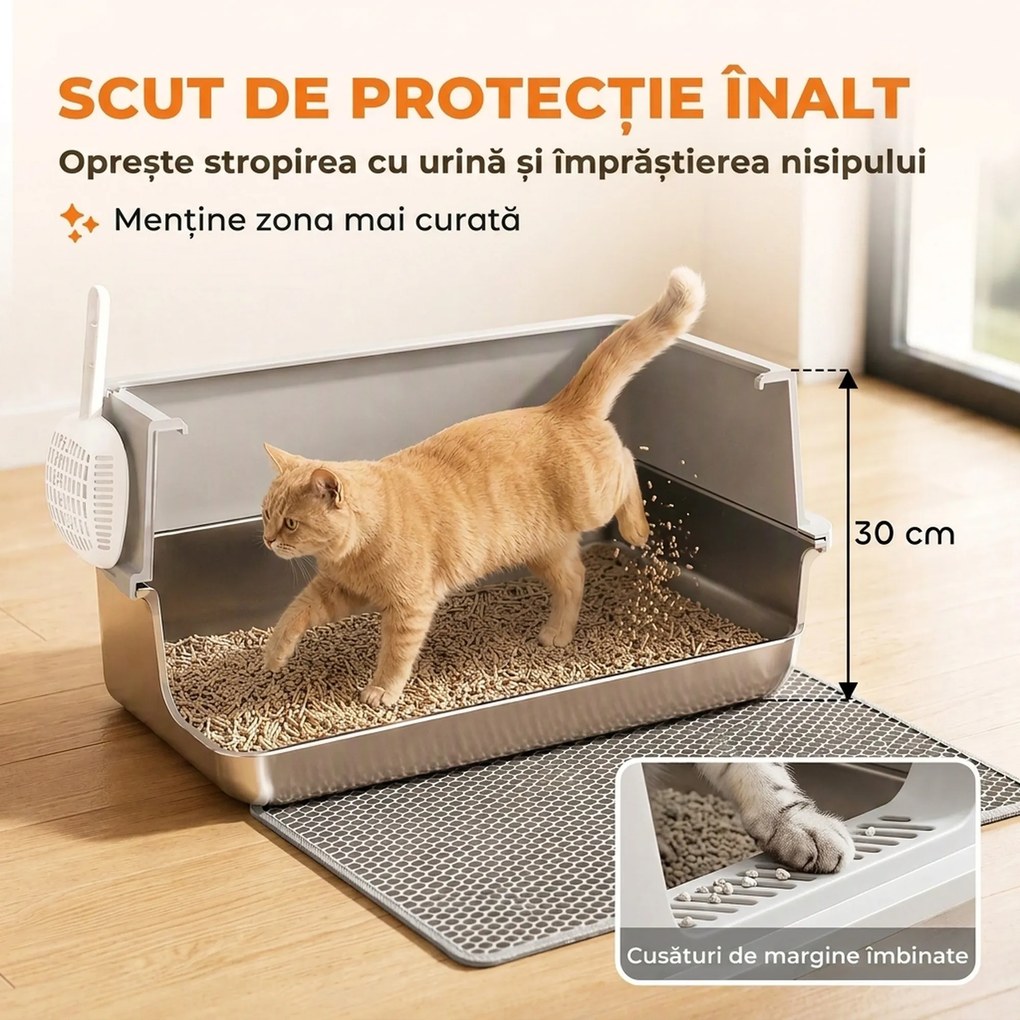 PawHut Litieră pentru Pisici xl cu Covoraș, Tavă din Oțel Inoxidabil, Lopățică, Perie, Până la 8 Kg, Gri Deschis | Aosom Romania