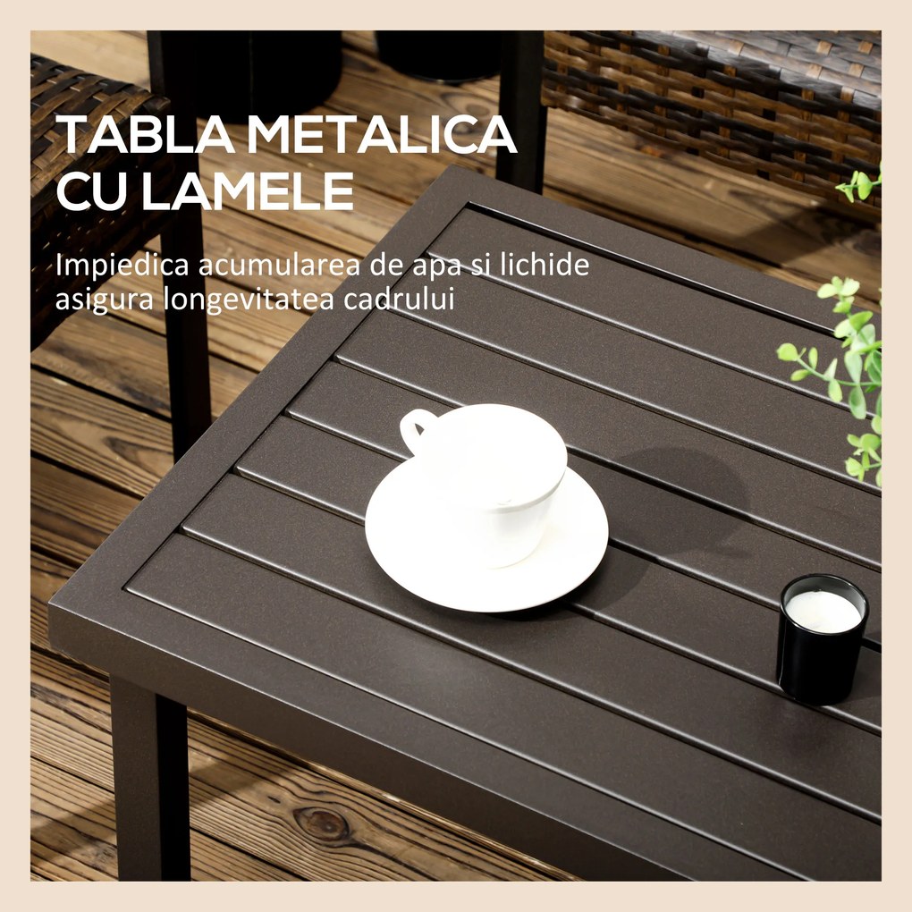 Outsunny Masă de Cafea pentru Aer Liber, Dreptunghiulară, Blat Metalic cu Lame, Picioare Reglabile, Cadru din Oțel, Maro | Aosom Romania