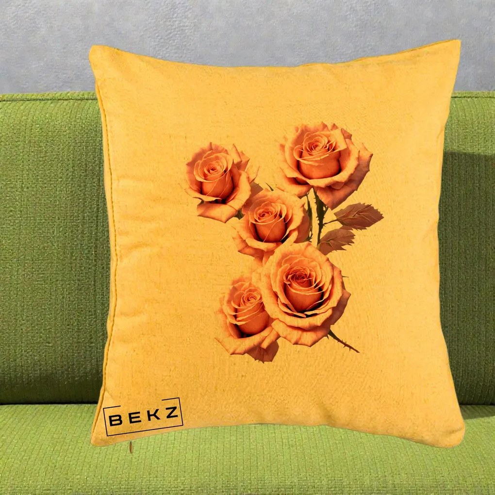 Perna Decorativa Trandafiri Roz Pastel Acuarela, 40x40 cm, Galben, Husa Detasabila, Perna Inclusa, BEKZ®