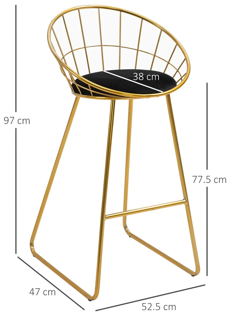 HOMCOM Set 2 Scaune Bar Înalte, Design Modern, Pernă Catifea, Poliester și Metal, Negru și Auriu, Confortabil | Aosom Romania