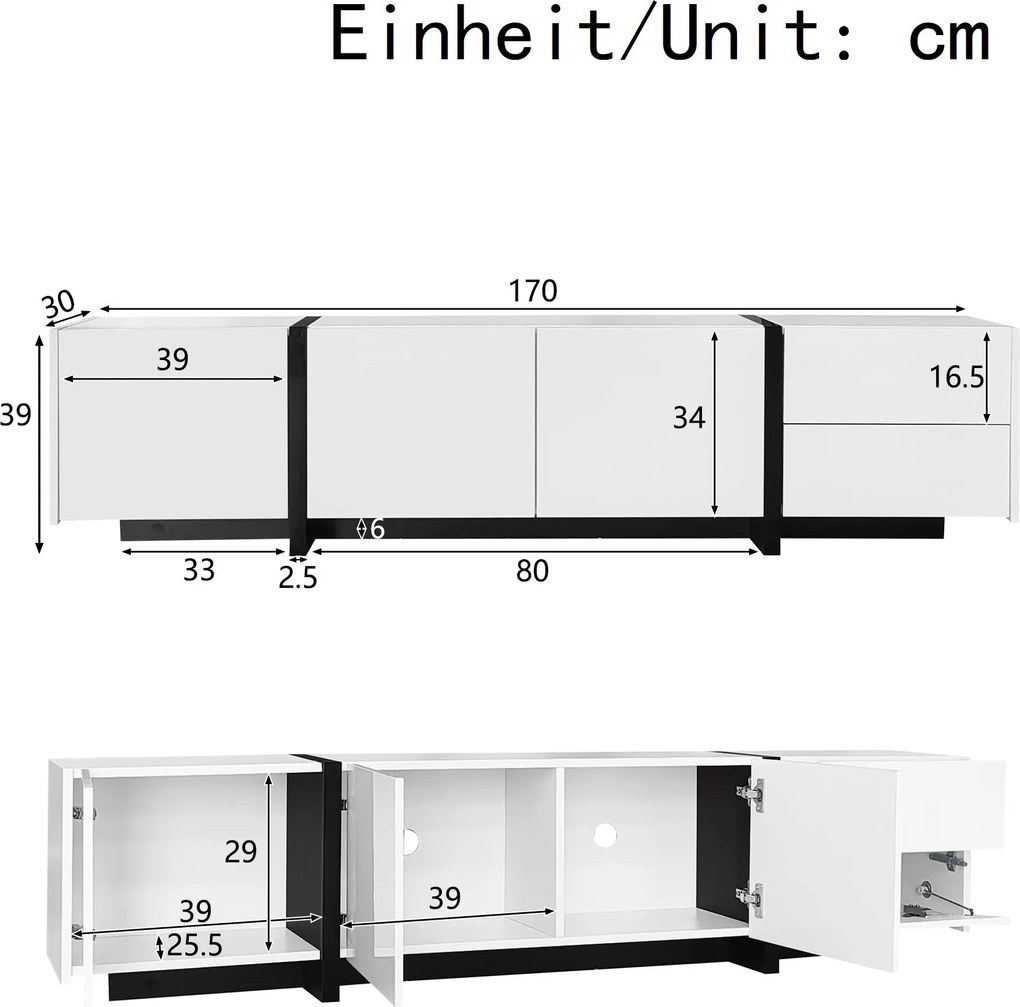 Comodă TV cu dulap jos, bandă LED, 170x30x39 cm, Alb