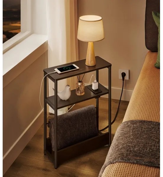 Masă laterală ROD, neagră, cu priză încorporată și porturi USB