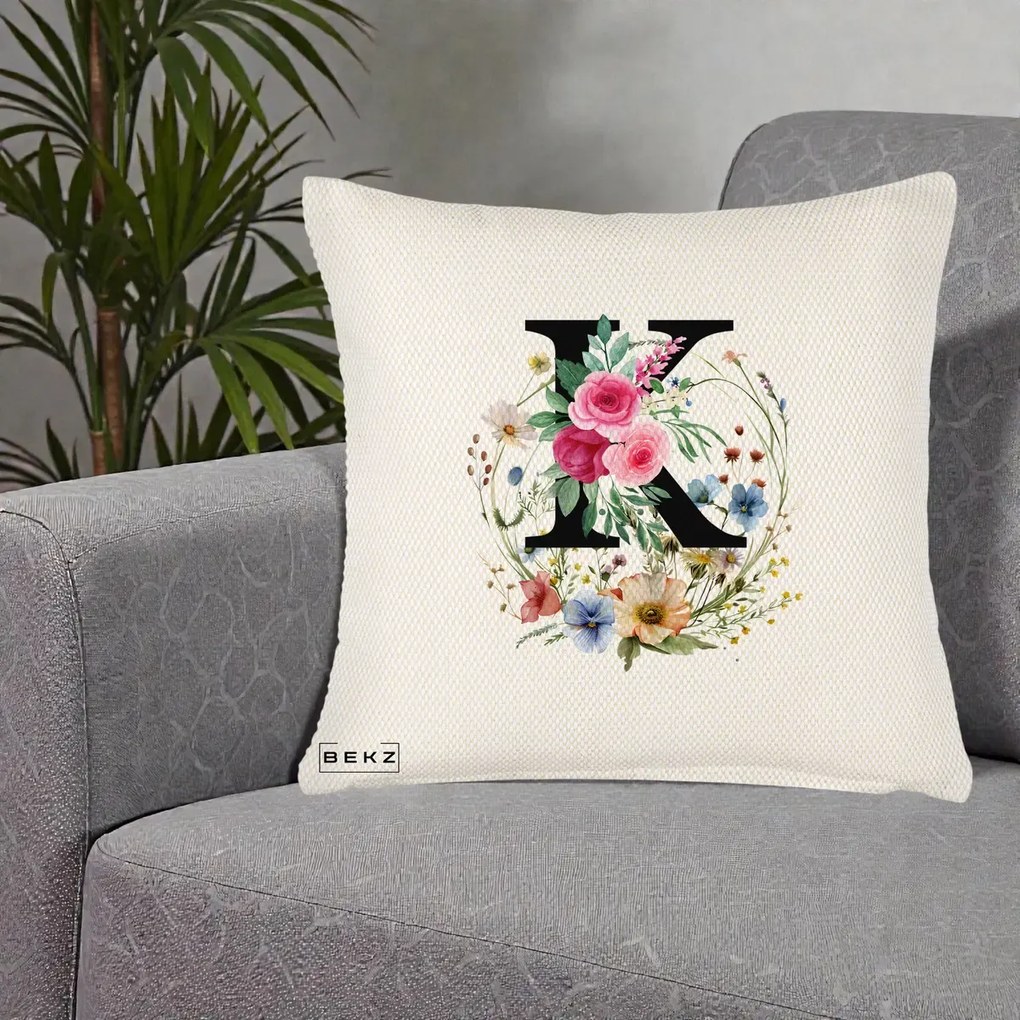 Cadou Personalizat - Perna Personalizata Monogram Litera K cu Flori Acuarela, 40x40 cm, Crem Reliefat, Husa Detasabila, Perna Inclusa, BEKZ®