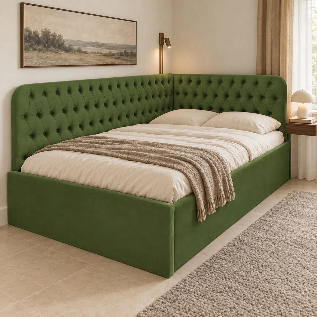 Pat tapițat pentru copii din catifea Elyra 120×200 cm, kaki, colț stânga, cu ladă de depozitare