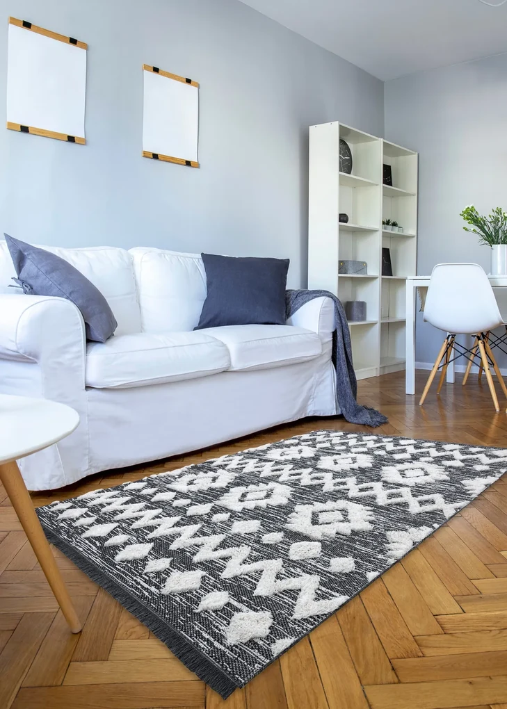 Covor ECO SISAL BOHO MOROC Etno Zig zag 22319 franjuri - două niveluri de lână gri / cremă, covor reciclat