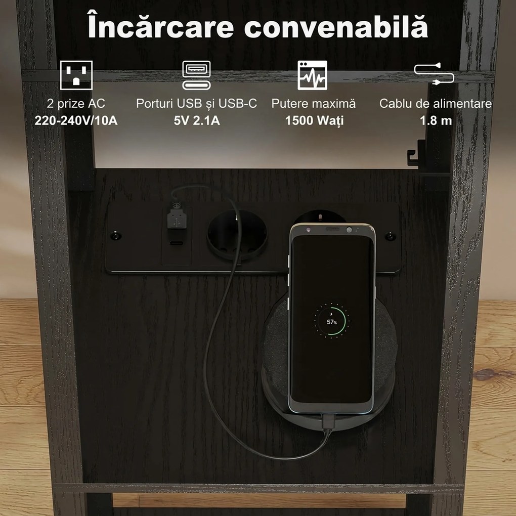 Lampă de Podea HOMCOM LED cu Rafturi, Lampă Modernă cu Comutator și Porturi USB, Lumină Reglabilă pentru Living și Dormitor, Neagră | Aosom Romania