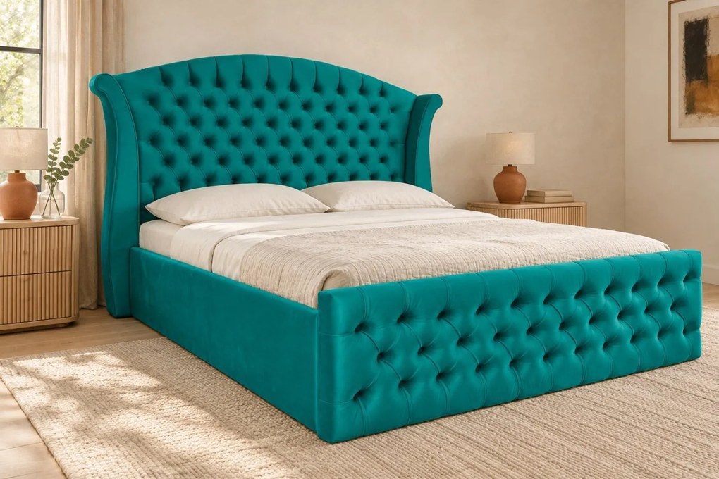 Pat tapițat Chesterfield din catifea Sorella Simple 140×200 cm, turcoaz, cu ladă de depozitare