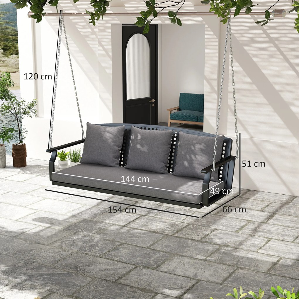Outsunny Balansoar pentru verandă 3 locuri, bancă de grădină cu 3 perne pentru spate, pernă de șezut, dispozitiv de suspendare, Gri | Aosom Romania