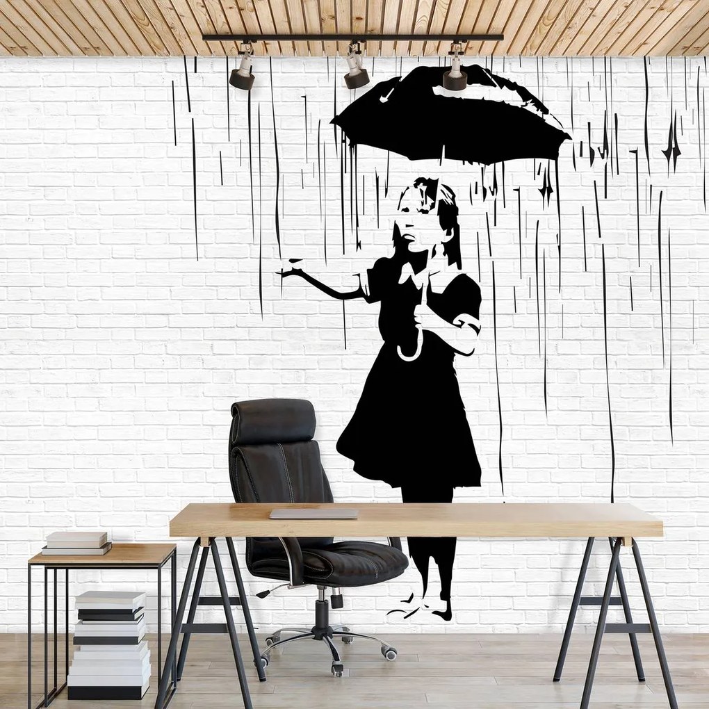 Fototapet - Fata cu umbrelă în ploaie (152,5x104 cm)