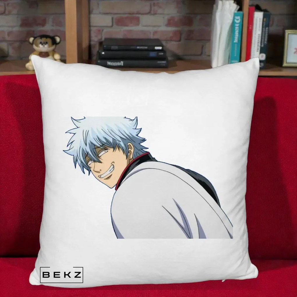 Perna Personalizata Gintama Gintoki Portret cu Zambet, 40x40 cm, Alb Pufos, Husa Detasabila, Perna Inclusa, BEKZ®