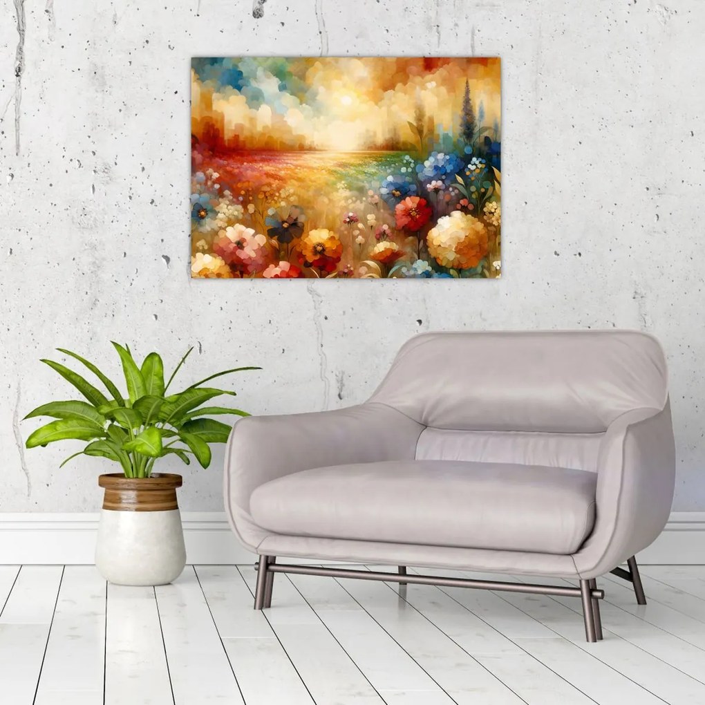 Tablou pe sticlă - Pajiște colorată (70x50 cm)