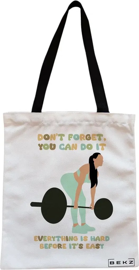 Sacosa de Panza pentru Cumparaturi, Geanta Tote, model Strength and Perseverance, Cu fermoar, 38x34.5 cm, Alba, BEKZ®