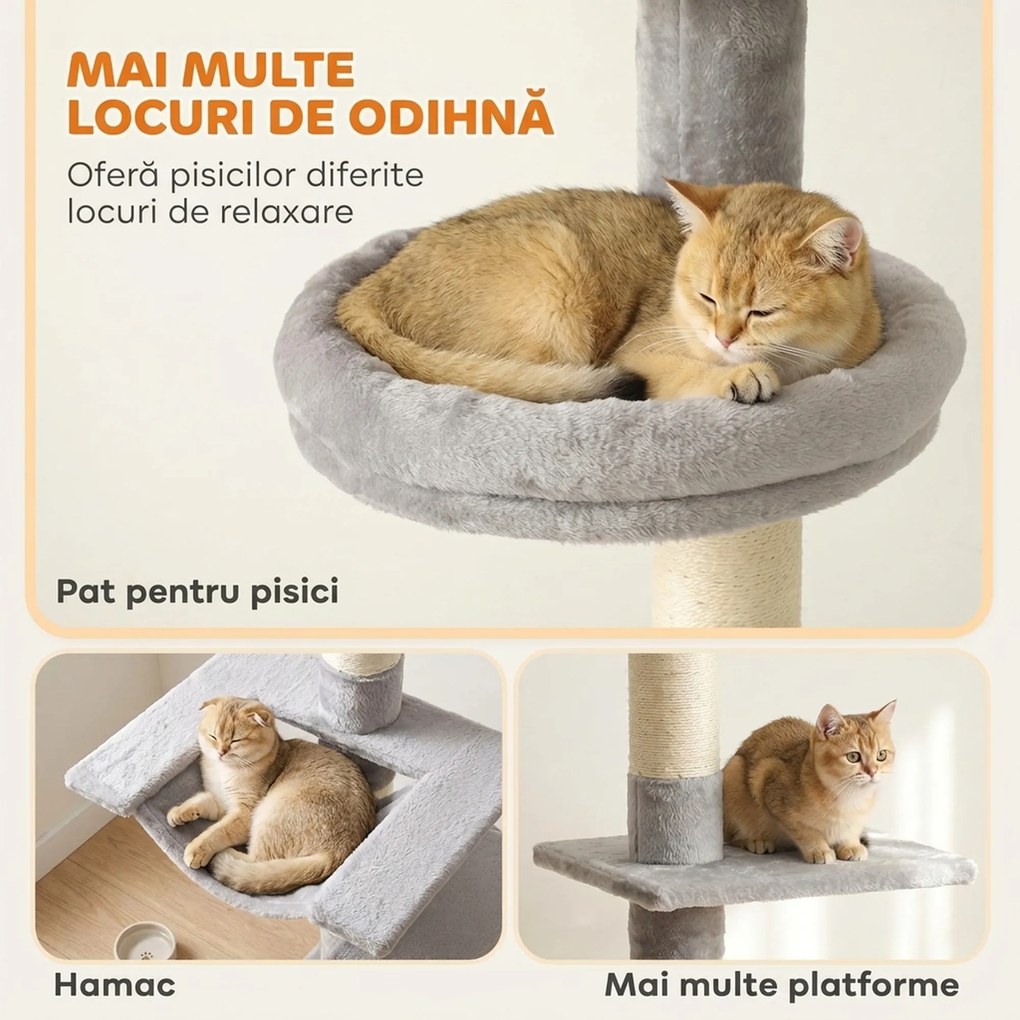 PawHut Ansamblu de Zgâriat pentru Pisici până la Tavan, 230-260 cm, 3 Stâlpi de Zgâriat, Hamac, Pluș, Gri Deschis | Aosom Romania