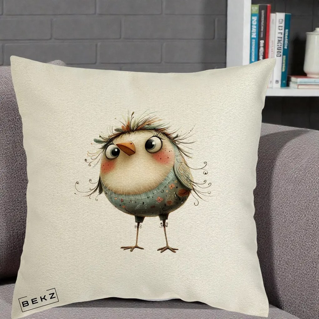 Perna Decorativa Pasare cu Penaj Zbarlit si Gene, 40x40 cm, Ecru, Husa Detasabila, Perna Inclusa, BEKZ®