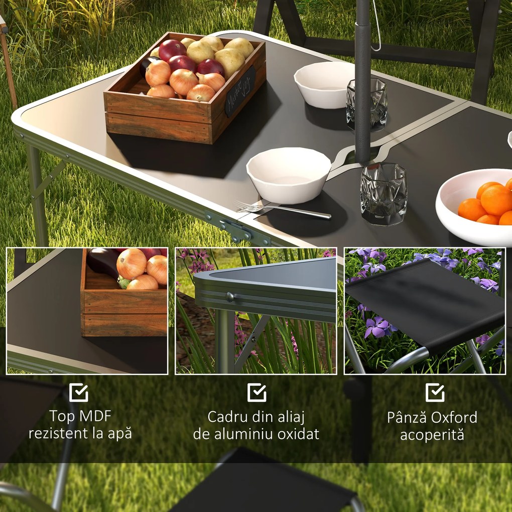 Outsunny Set Masă de Camping Pliabilă cu 4 Scaune, Masă de Picnic Reglabilă pe Înălțime, 4 Bănci și Orificiu pentru Umbrelă, din Aluminiu, pentru Picnic, Mare, Grădină, Negru | Aosom Romania