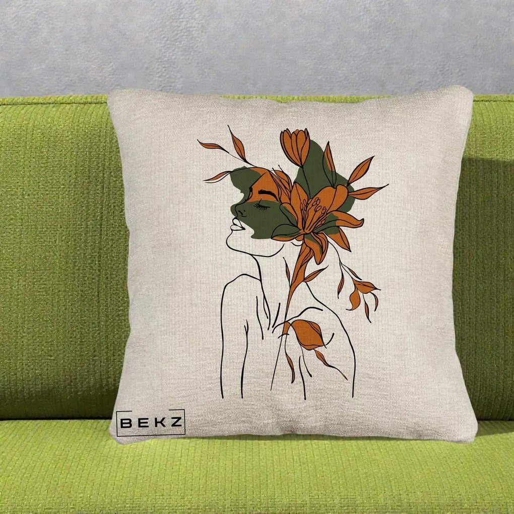 Perna Decorativa Portret Feminin Crin Auriu, 40x40 cm, Bej Canapea, Husa Detasabila, Perna Inclusa, BEKZ®