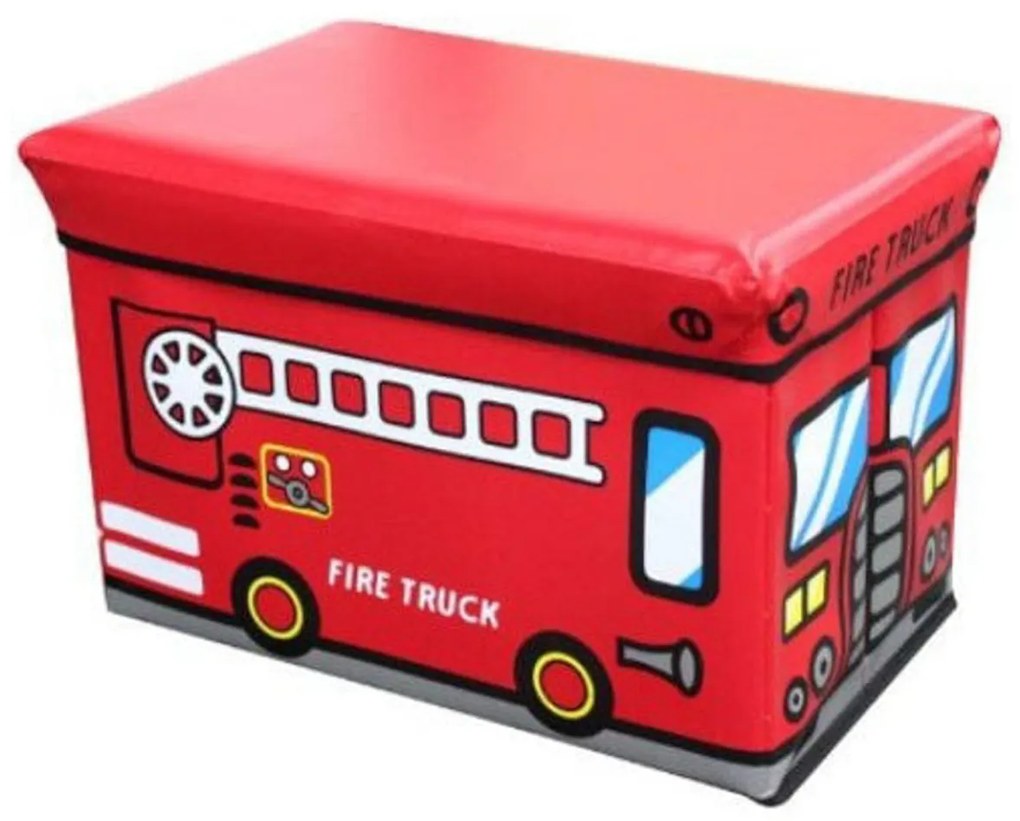 Cutie de depozitare NOVOKIDS™ Toy Box, functie taburet copii, sezut tapitat, dimensiuni 48X32X32 cm, Masinuta de pompieri rosu