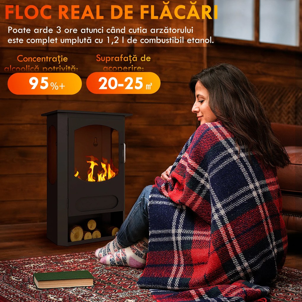 HOMCOM Șemineu pe Bioetanol Autoportant, Bioșemineu cu Arzător de 1,2L pentru 3 Ore Durată de Ardere, 43x25x68 cm, Negru | Aosom Romania